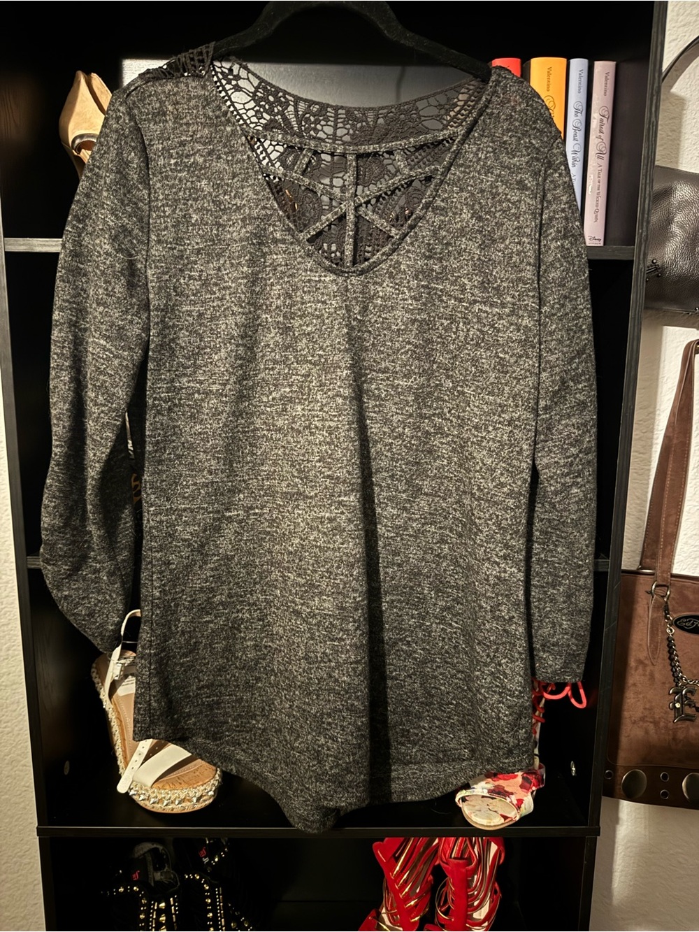No Boundaries Gray Heather Knit Top with Lace-Trimmed V Back